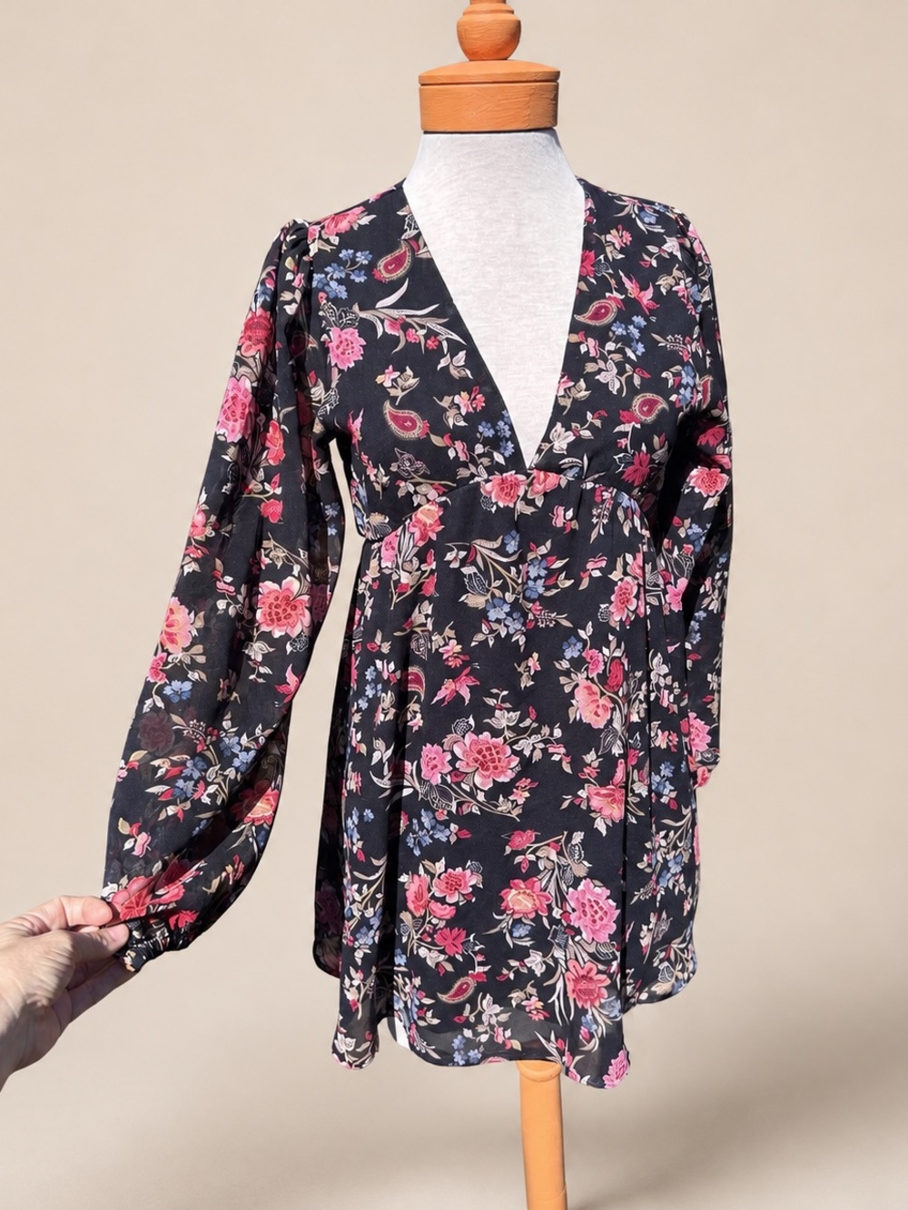 🌸✨ Mi Ami Seth Navy Floral Babydoll Empire Waist Mini Dress XS Long Sleeve